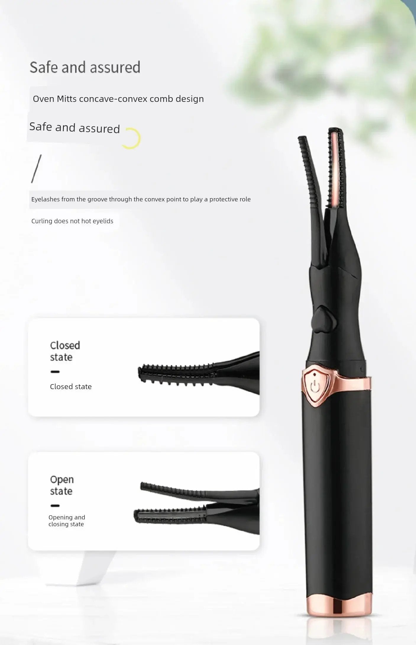 Electric heated eyelash curler with safety comb design, black and rose gold, at OurLum.com