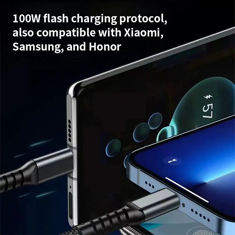 3 In 1 100W Fast Charging Cable Nylon Woven Charging Cable Type C Usb Micro For Iphone Samsung Huawei Xiaomi Pilot Lamp Charger