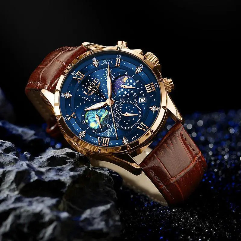 LIGE Leather Strap Chronograph Sport Watch Waterproof
