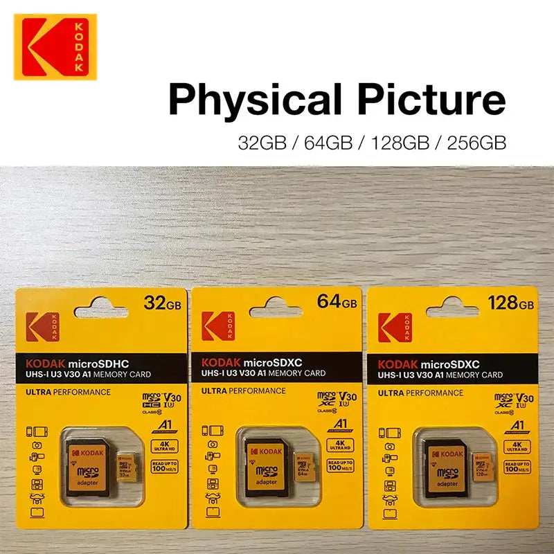 10pcs NEW KODAK Micro SD Memory Card 100MB/s Class10 U3 UHS-I 32GB 64GB 128GB TF Card 4K HD for USB Card reader adapter microsd
