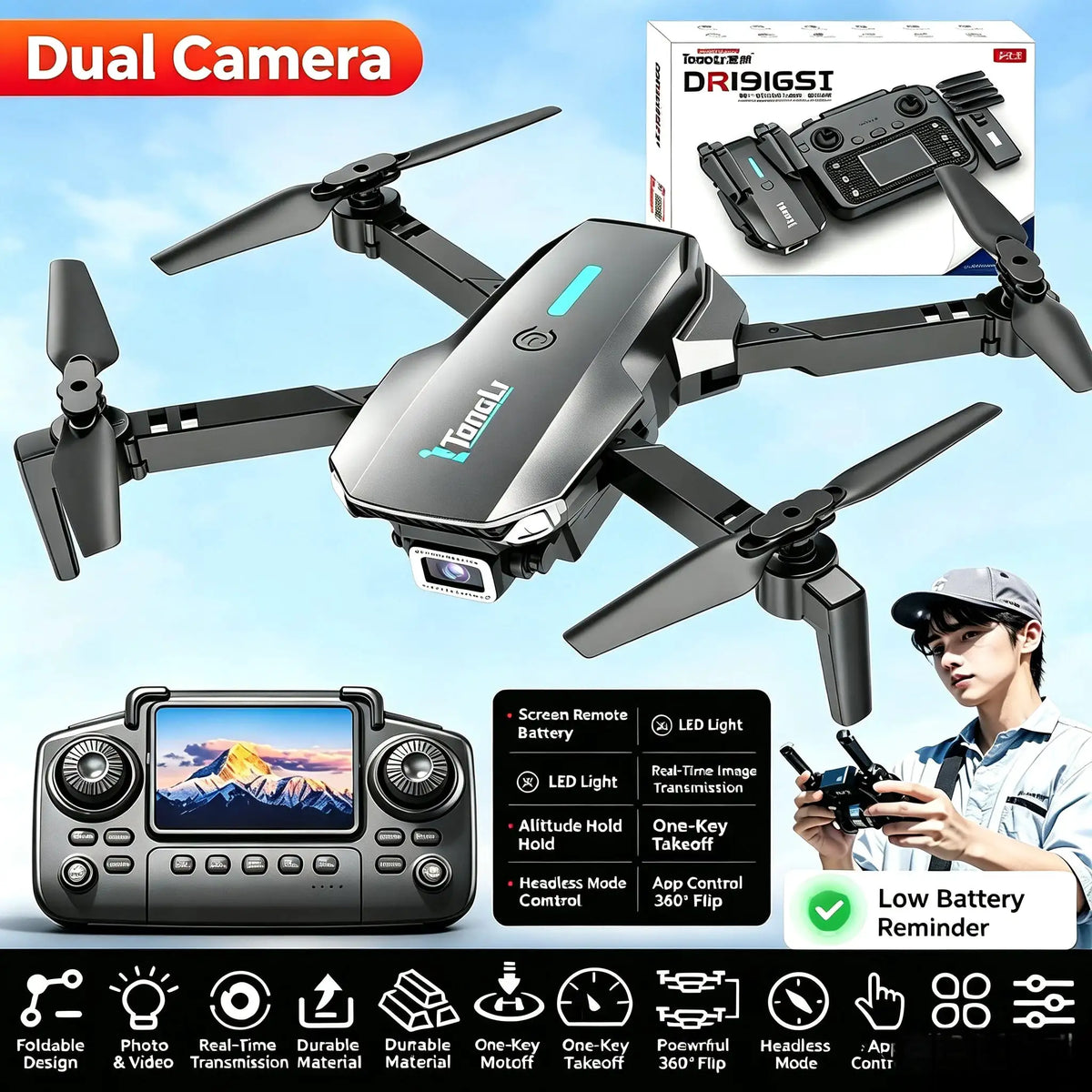 TONGLI Foldable Drone RC Quadcopter with Large‑Screen Remote — product view 5