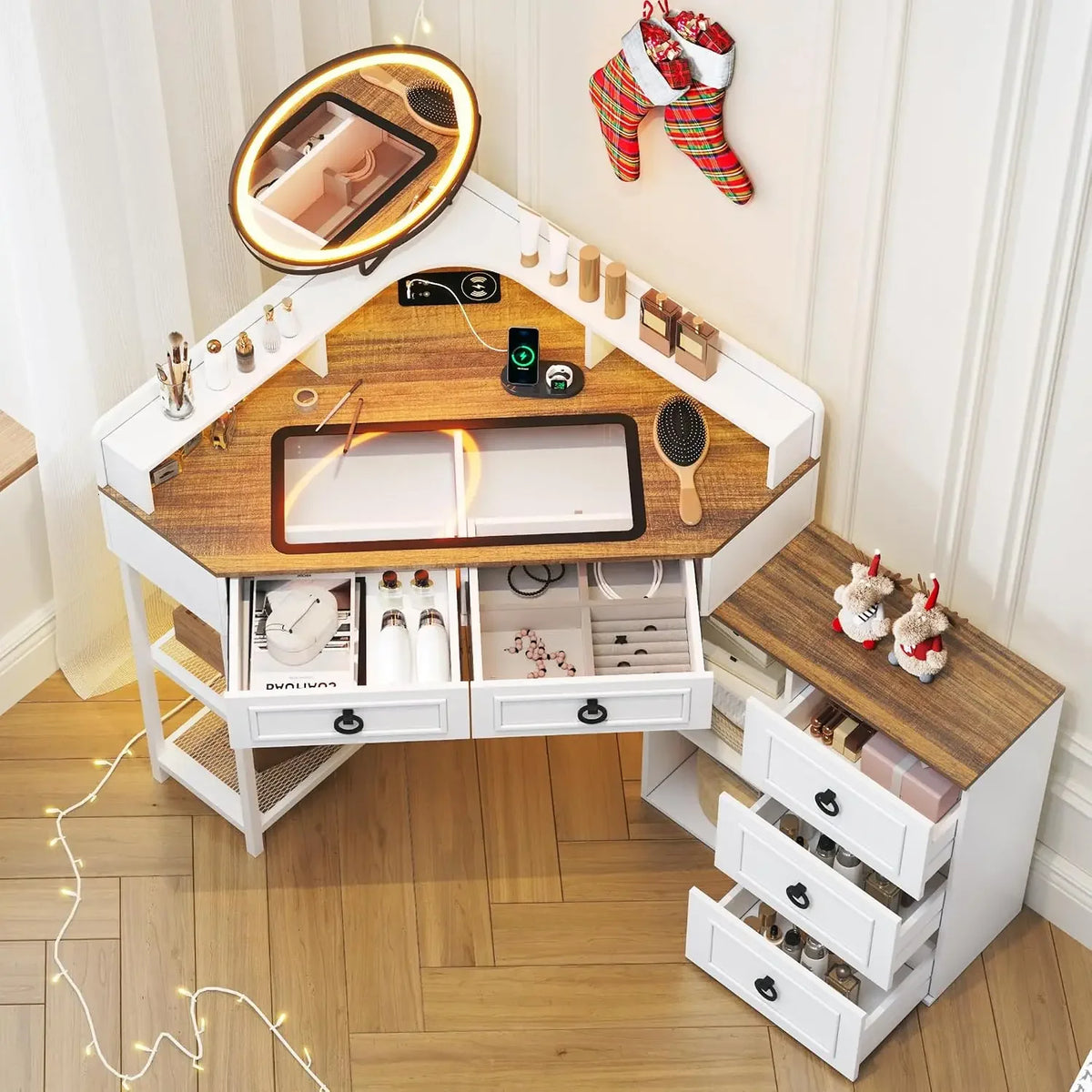 Glass Corner Vanity Makeup Desk