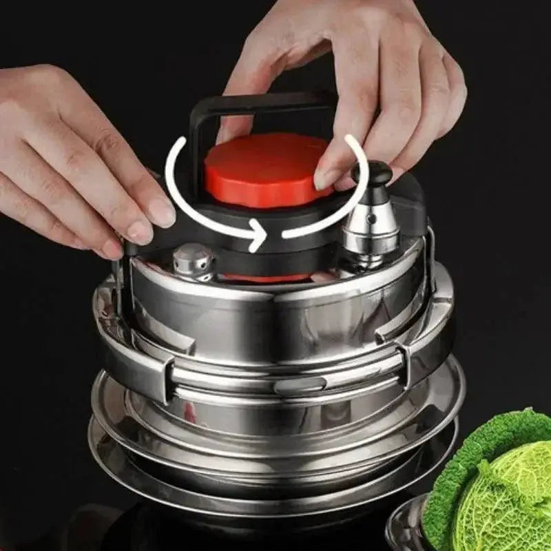 Person assembling stackable stainless steel cookware with red handle, kitchen accessory from OurLum.com