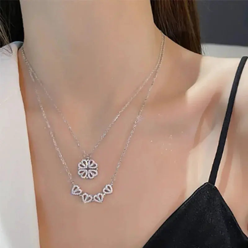 Heart Shaped Four Leaf Clover Pendant Necklace Zircon - OurLum.com