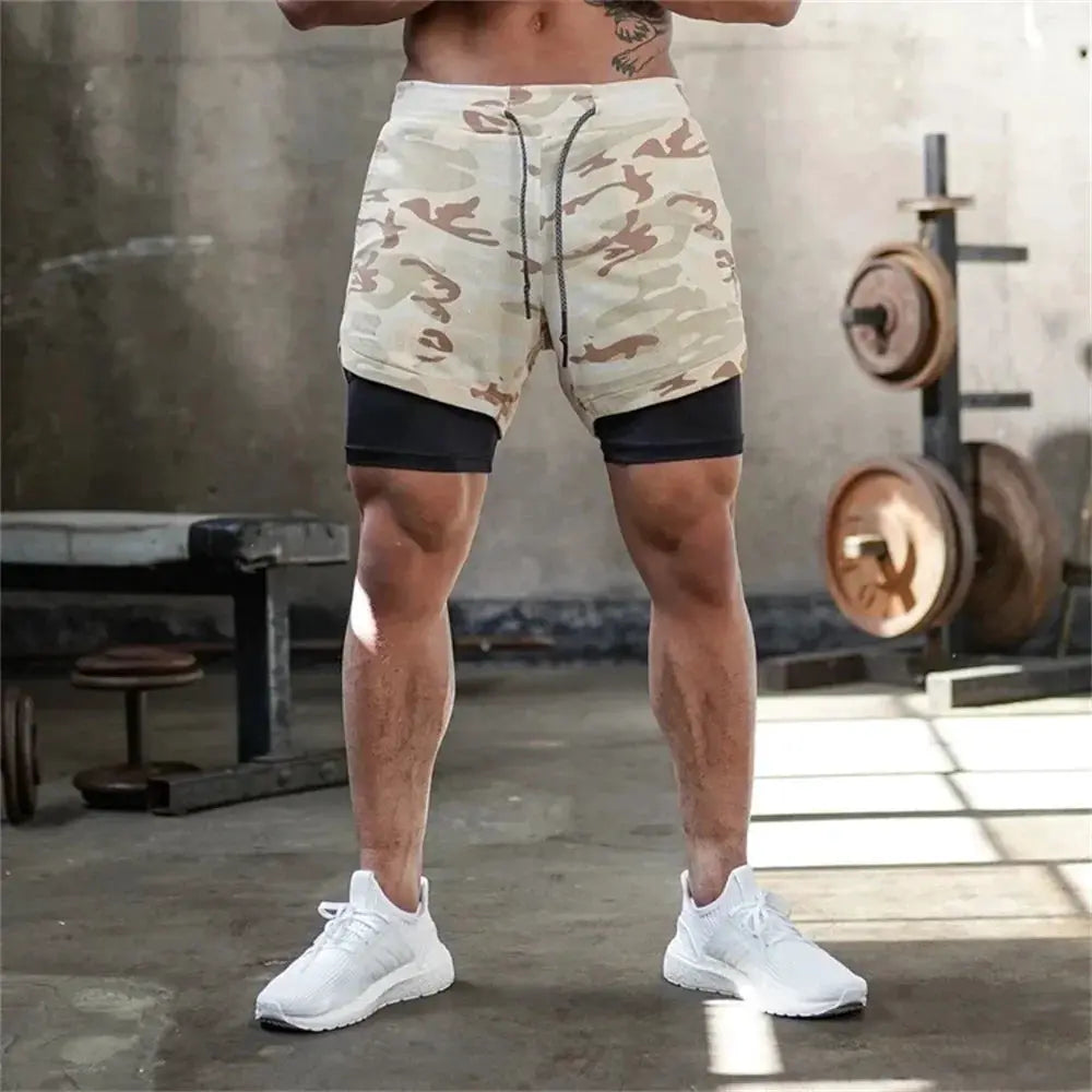 Mens Two In One Camo Running Shorts For Gym And Fitness