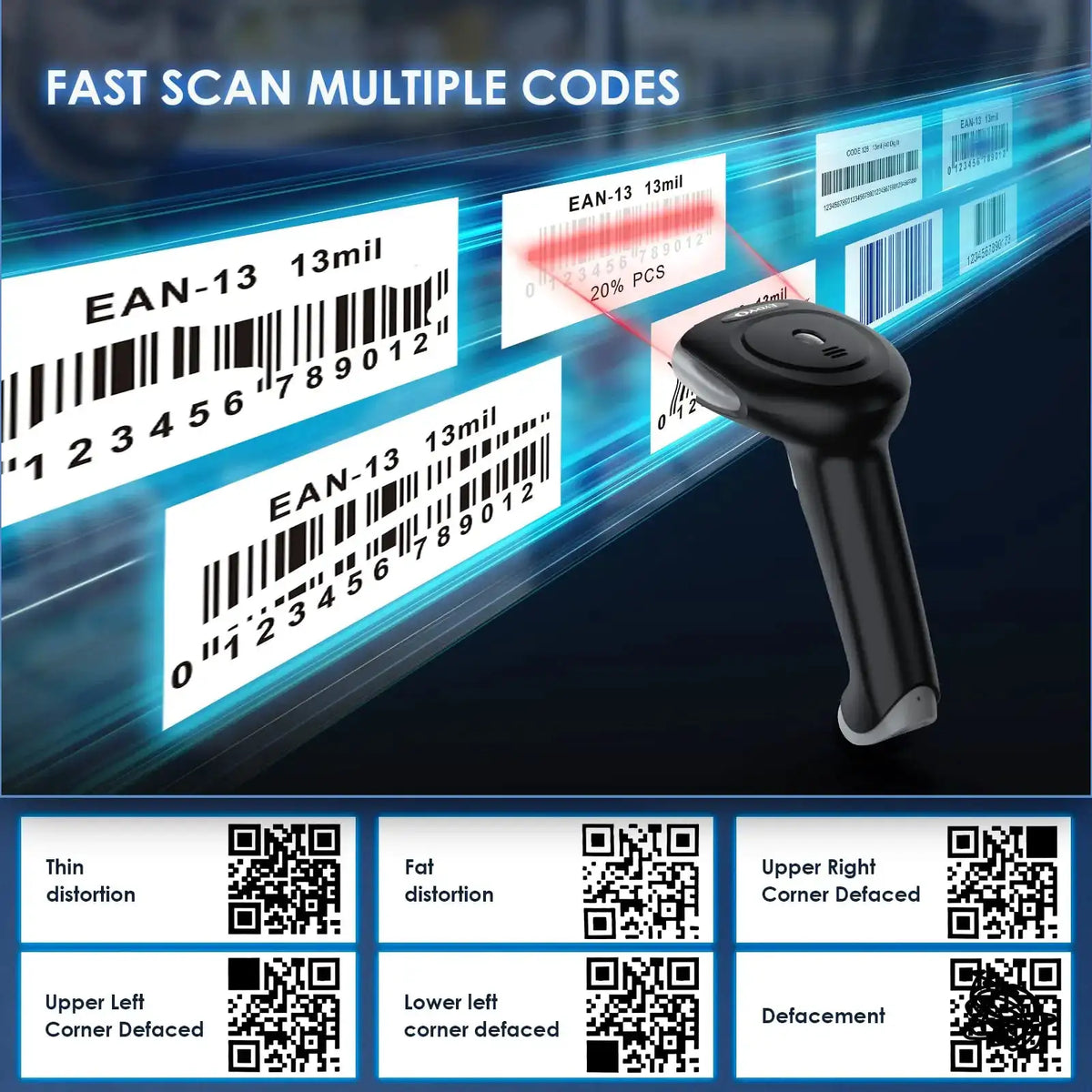 Eyoyo EY-034 2D Bluetooth Barcode Scanner Wireless, 2500mAh Handheld Cordless USB Wired QR Bar Code Reader for Library, Warehouse Inventory Compatible with iPad, Android Phone, iPhone, Laptop