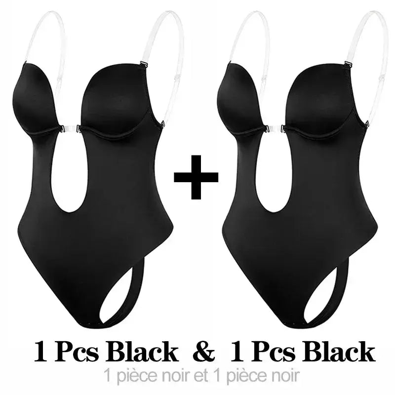 Backless Deep V Neck Thong Bodysuit Shapewear Invisible Bra