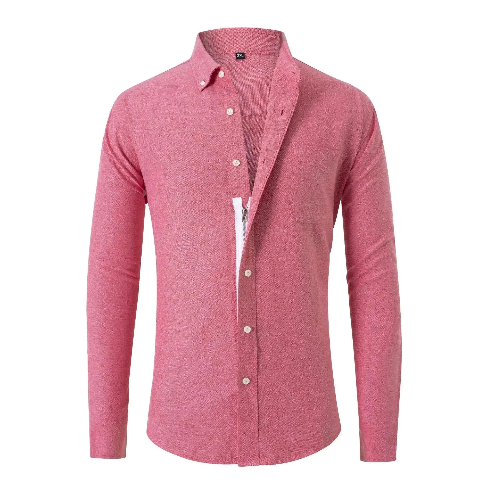 Mens Oxford Spun Shirt Zipper Long Sleeve Solid Color