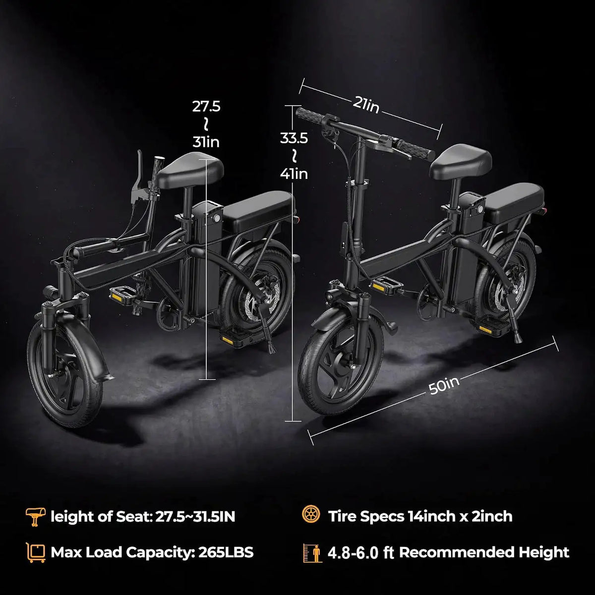 14'' Foldable Electric Bike 500W Motor 48V Battery 22MPH Max Speed 30Miles Long Range with Two Seats for Adult Mini E Bike