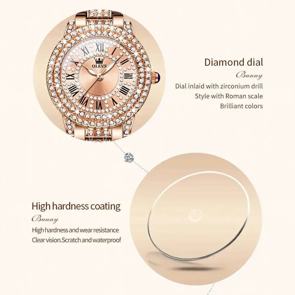 OLEVS Rose Gold Diamond Watch For Women Waterproof Timepiece