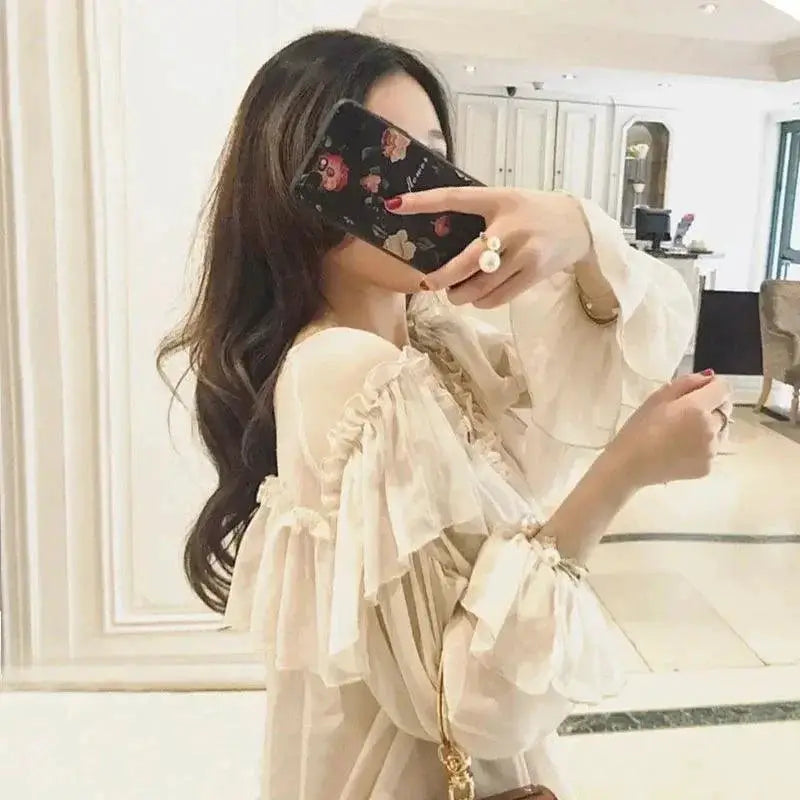 Allure Redefined Sheer Mesh Blouse With Flare Sleeves