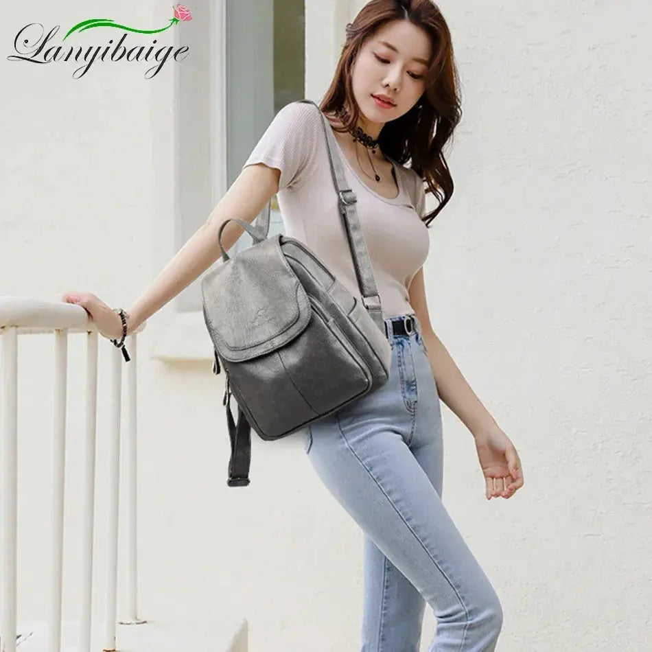 Women Large Capacity Leather Backpack Purse Vintage Style