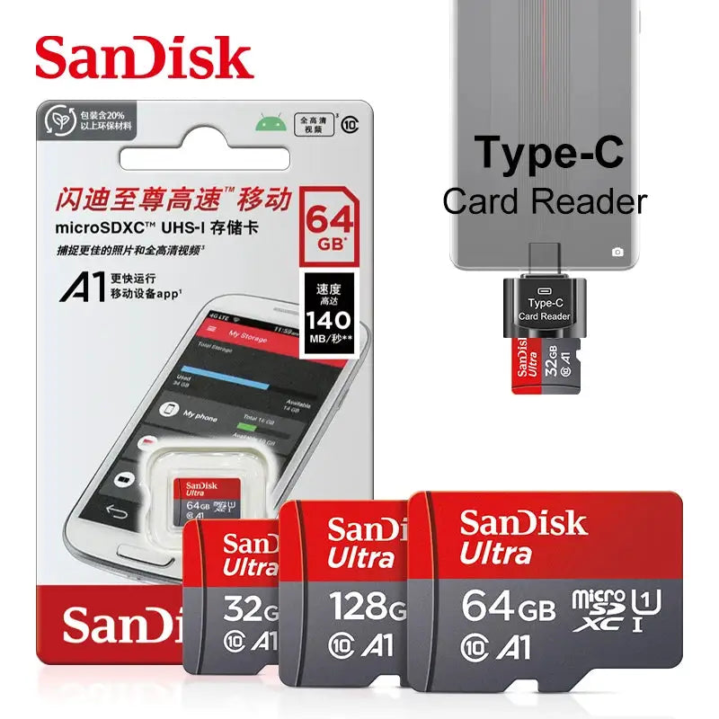 Original SanDisk A1 Memory Card 256GB 128GB 64GB 100MB/S 32GB Micro SD Card Class10 UHS-1 Flash MicroSD TF/SD Type-C