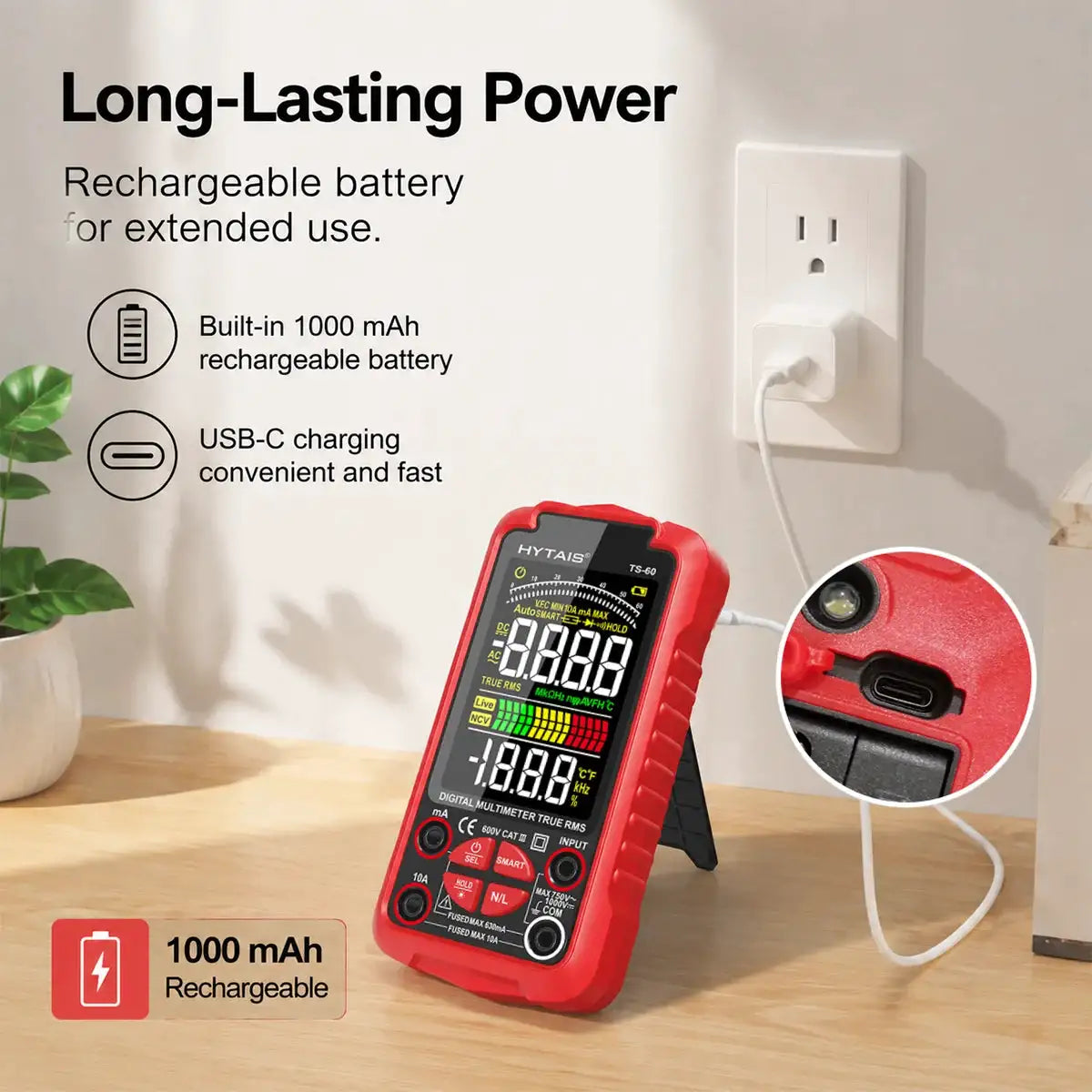 HYTAIS TS60 Smart Digital AC DC Multimeter 6000 Counts True RMS Auto Ranging Rechargeable Lithium Battery NCV Live Wire Detector