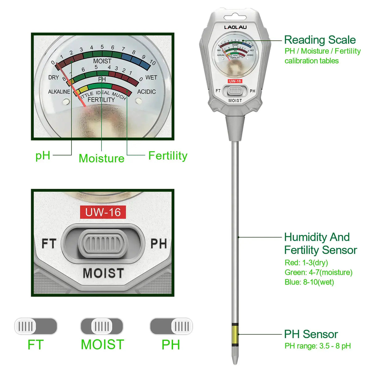 3 in 1 PH Meter Soil Moisture Meter Sensor Fertility Test Tool For Indoor/Outdoor Gardening Plant Moisture/Fertility/PH Testing
