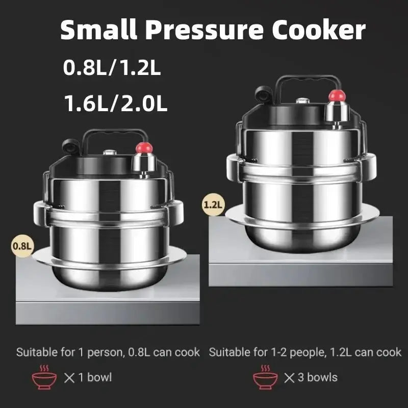 Stainless steel small pressure cookers in 0.8L and 1.2L sizes, ideal for 1-2 people, at OurLum.com