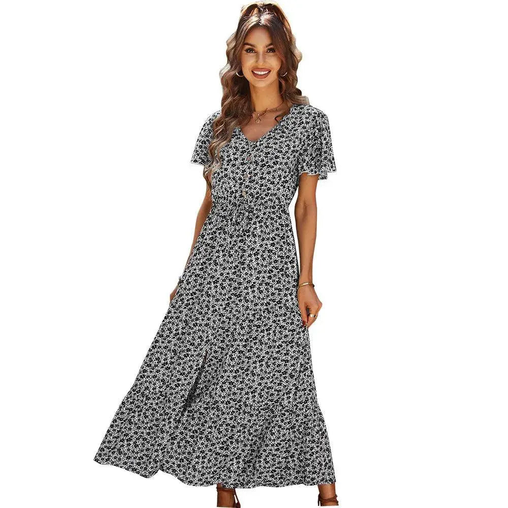 Vintage Floral Summer Dress With High Waist Slit Beachwear