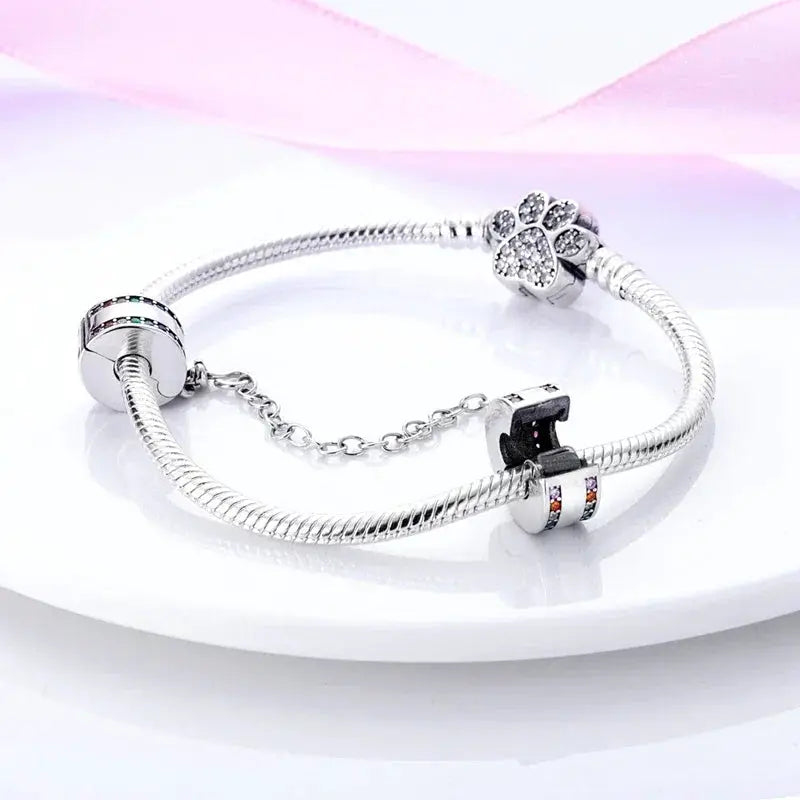 Silver Plated Safety Chain Pink Cat Moon Star Charm