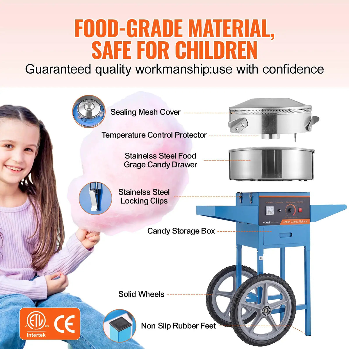 SucceBuy Electric Cotton Candy Machine with Cart Commercial Candy Floss — product view 4