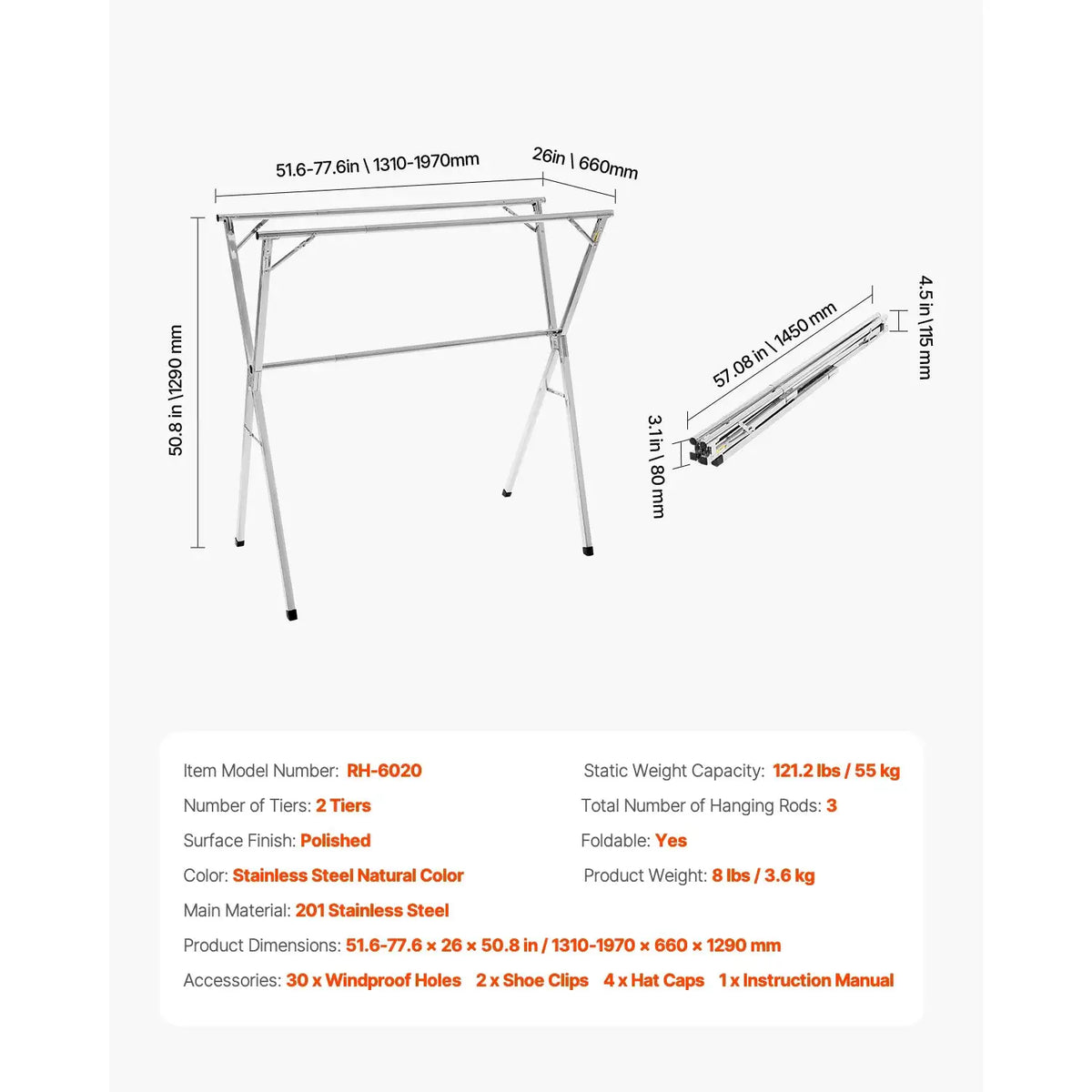 Adjustable Foldable Laundry Drying Rack — product view 7