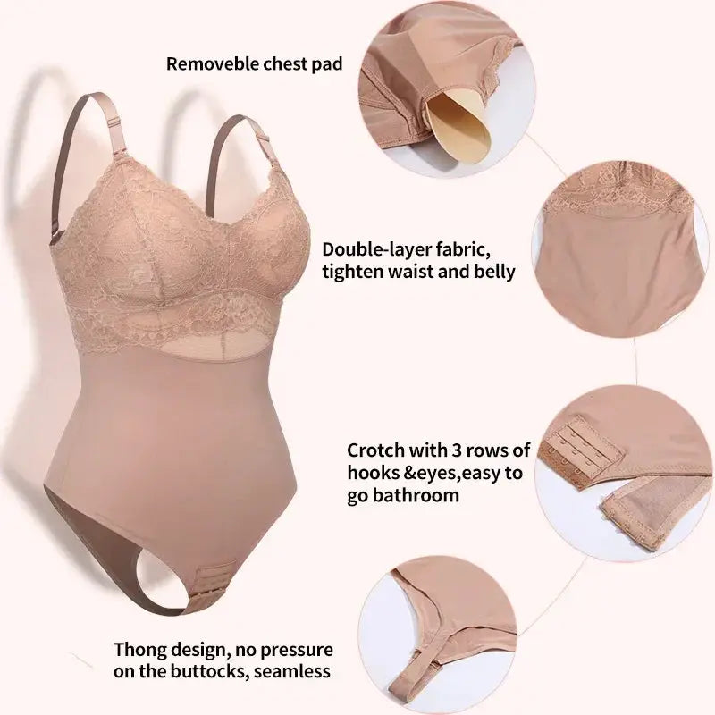 Seamless Lace Thong Bodysuit For Tummy Control Shaping