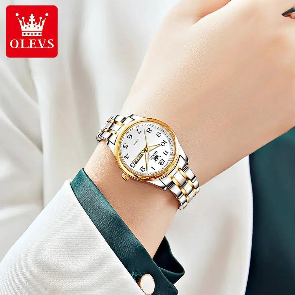 Elegant Gold Quartz Watch For Women With Day Date Feature