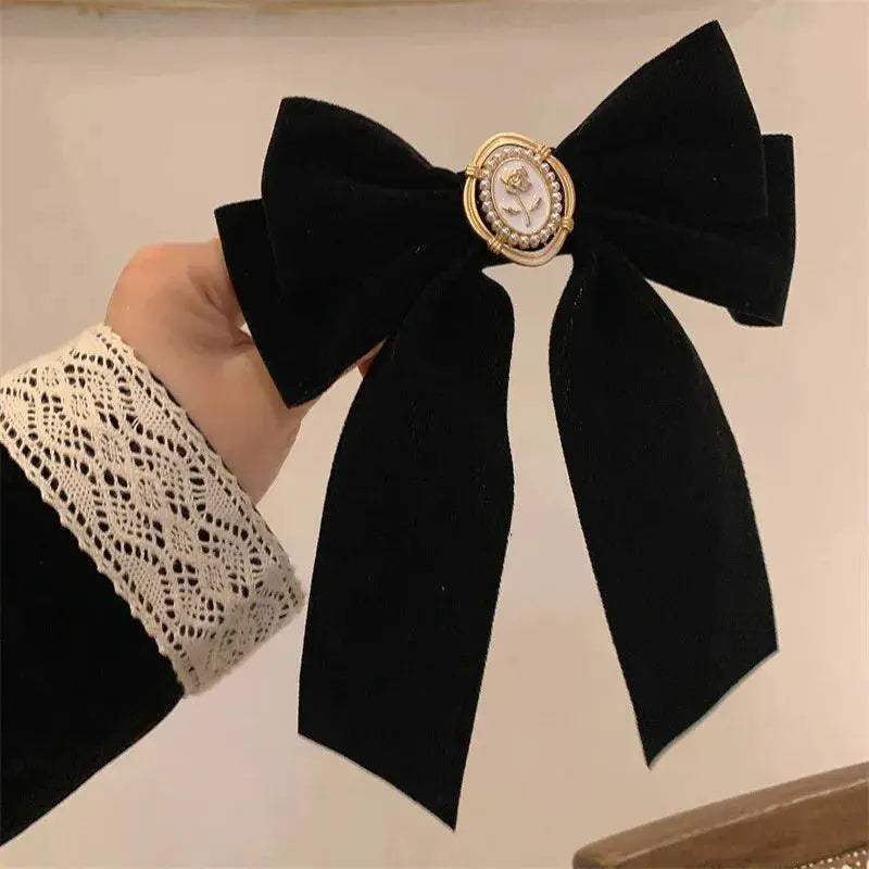 Velvet Bow Hair Pins With Alloy Rose Accents For Elegance