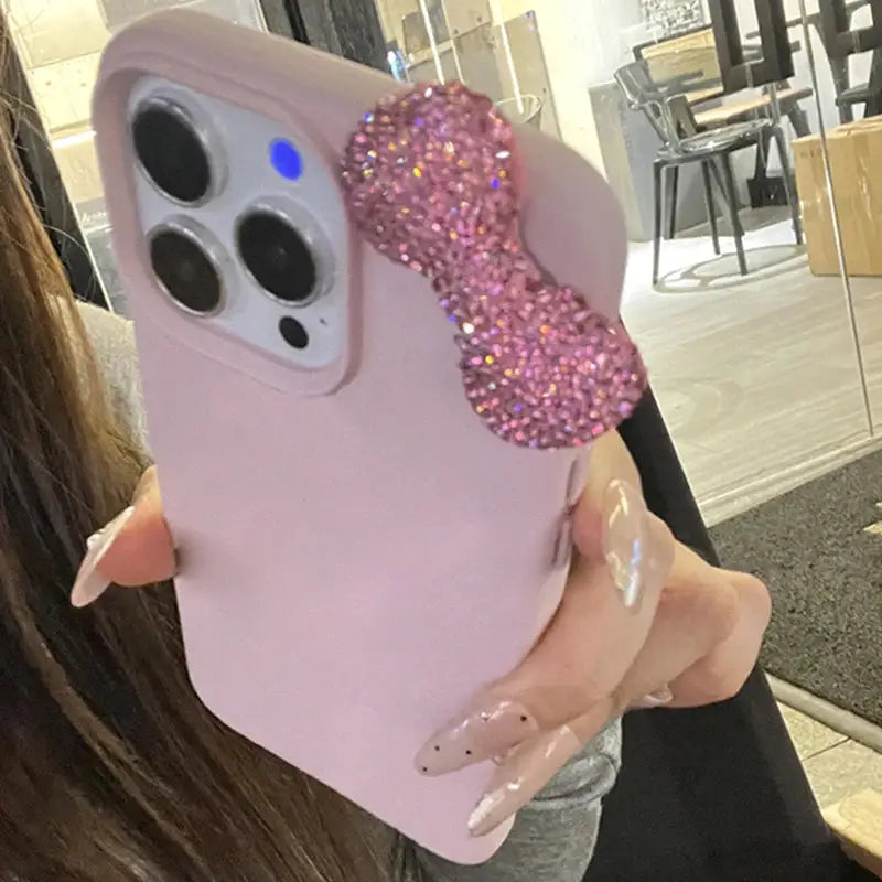 Luxury Rhinestone Bow Litchi Pattern Leather Shockproof Phone Case For iPhone 18 16 15 14 13 12 11 17 Pro Max X XS 7 Plus Case