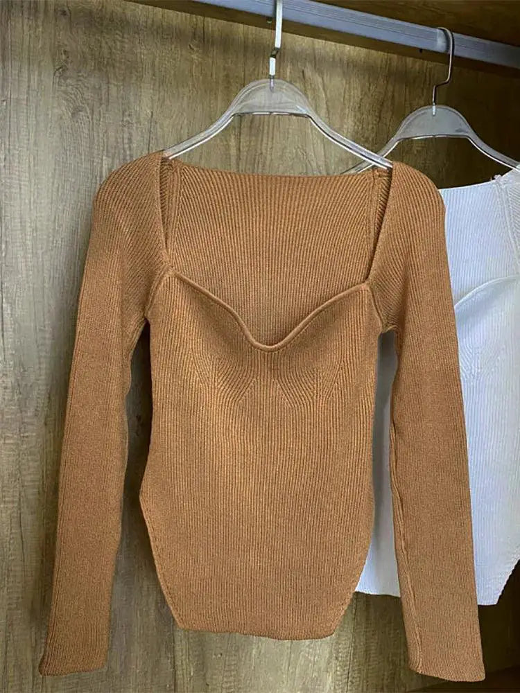 Square Neck Knit Sweater For Women Fall Winter Jumper