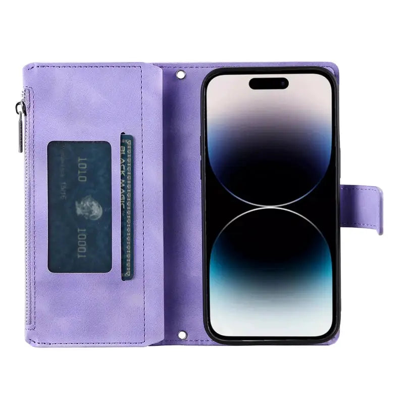 Luxury Zipper Wallet Case for iPhone 17 18 16 Pro Max 16E 15 13 12 11 Pro Plus XR XS Max 7 8 SE Embossed Leather Card Phone Bag