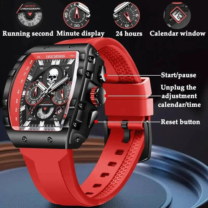 LIGE Skull Mens Chronograph Watch Stylish Quartz Wristwatch