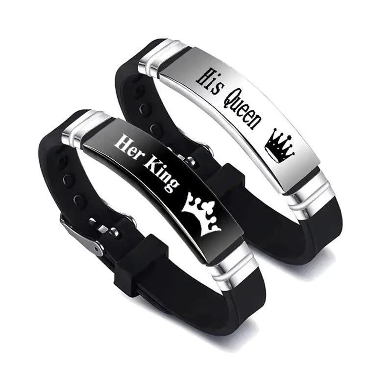 2Pcs/Set His Queen Her King Couple Minimalist Bracelet Stainless Steel Adjustable Silicone Strap Bangle Valentine's Day Gift