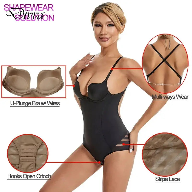 Elegant Backless Lace Bodysuit Deep V Neck Shapewear