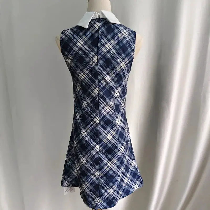 Kimotimo Sweet Plaid Sleeveless Mini Dress Women Korean Preppy Style Lapel Waist Slim A-line Y2k Dresses Casual Chic Vestidos