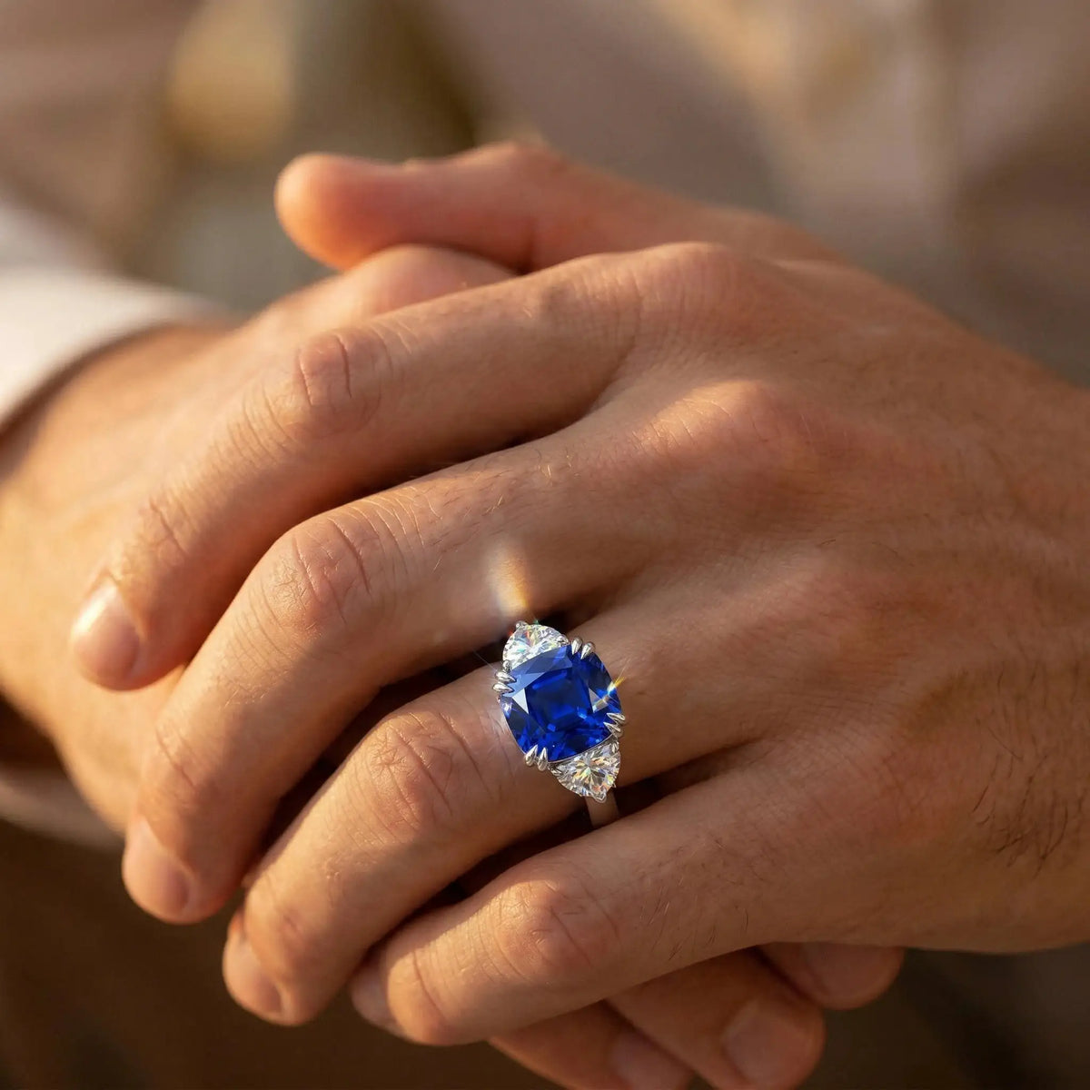 Royal Blue CZ Ring, Sterling , Three Stone Cushion Cut — product view 3