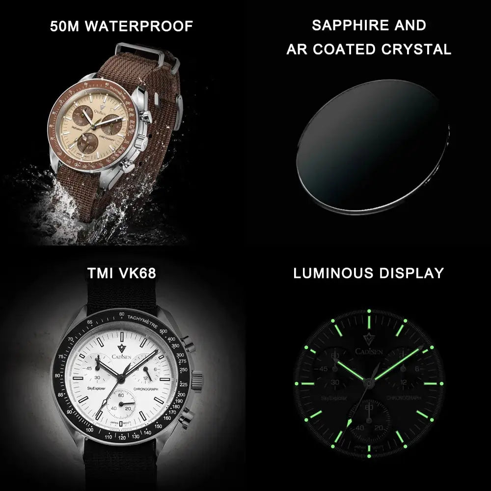 CADISEN American Warehouse Luxury Quartz Wrist Watch For Men Sapphire AR Coated Crystal Canvas VK68 Speed Chronograph Men's Watches