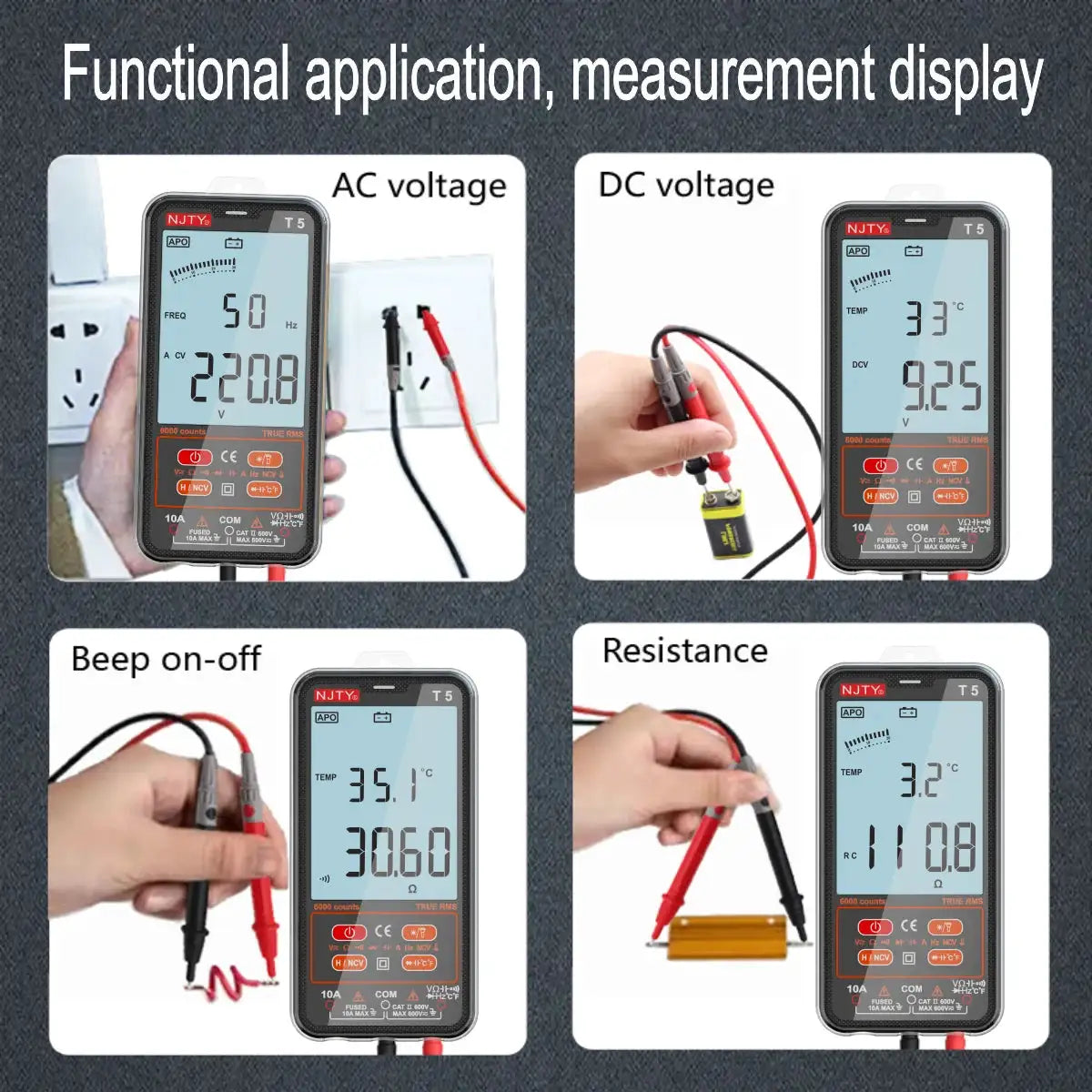 NJTY T5 TRMS Smart Digital Multimeter 6000 Counts Auto Electrical Tools Capacitance Meter Voltage Current Resistance TEMPERATURE