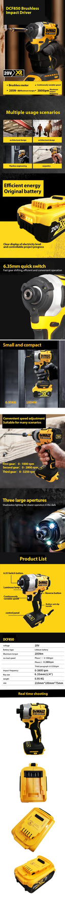 DCF850 20V Impact Driver Brushless Motor Power Tools Compact