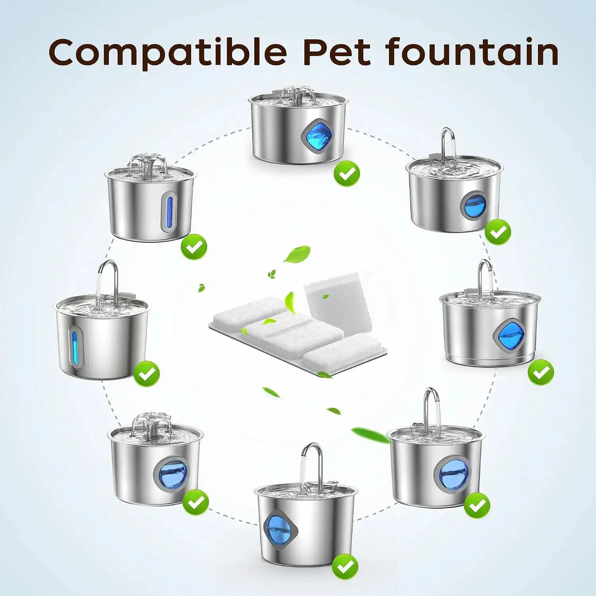 Replacement Filters & Sponges for 2.2L Stainless Steel Cat Water Fountain, 8 Filters + 4 Sponges Kit