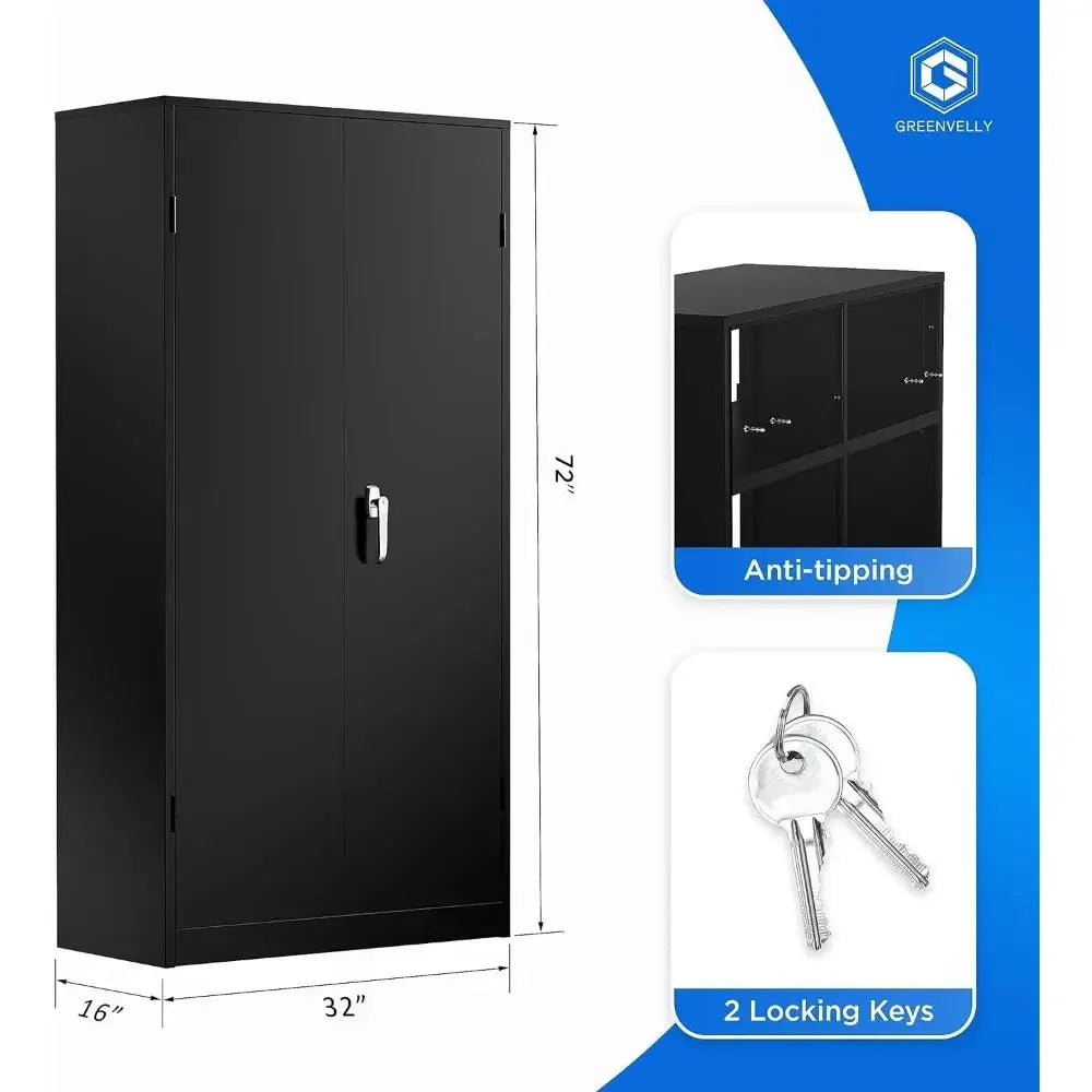 72 Inch Black Metal Storage Cabinet With Locking Doors