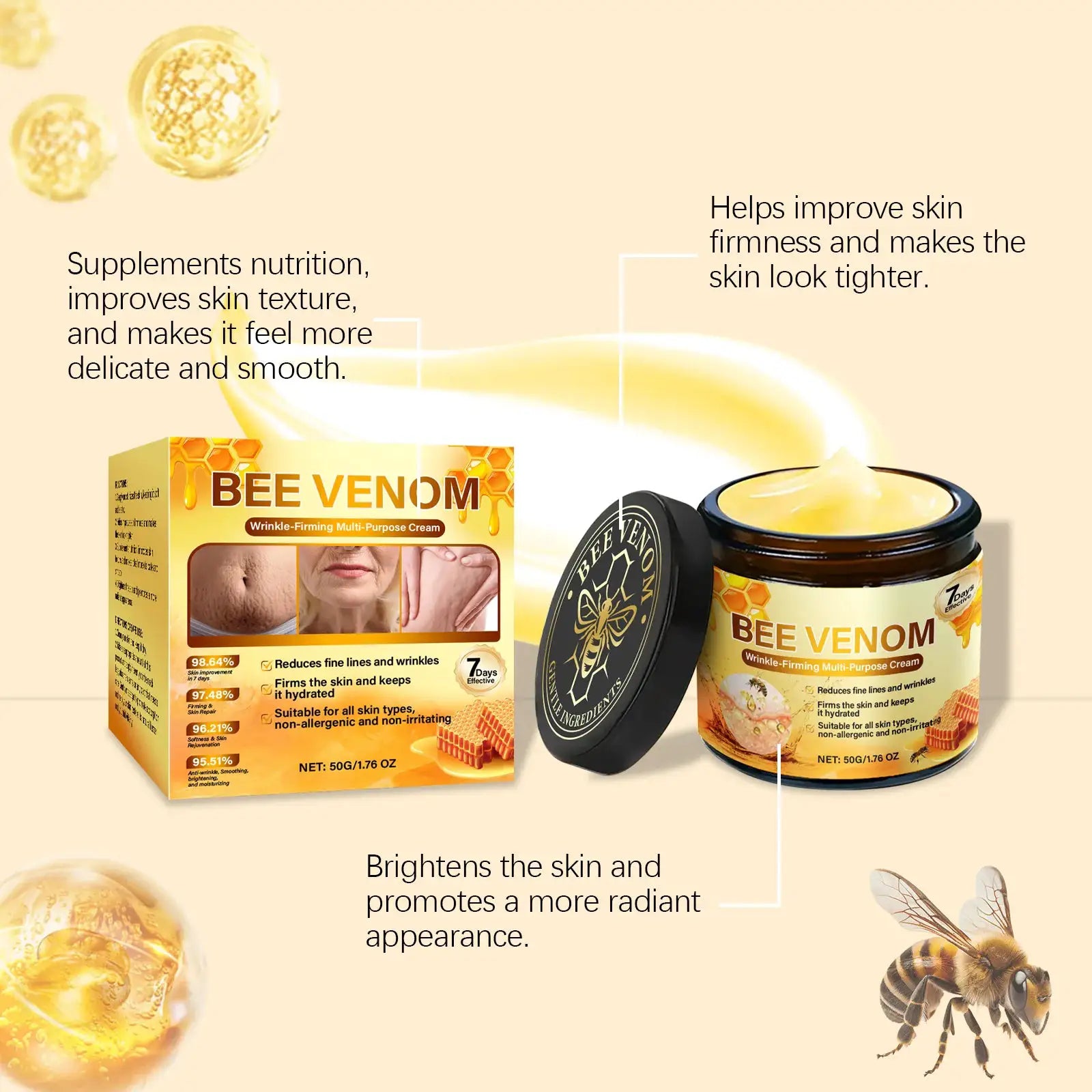 Bee Venom Firming Cream for Sagging Skin Lifting Anti Wrinkle Remover Reduce Fine Lines Hydrating Multipurpose Bee Venoms Cream