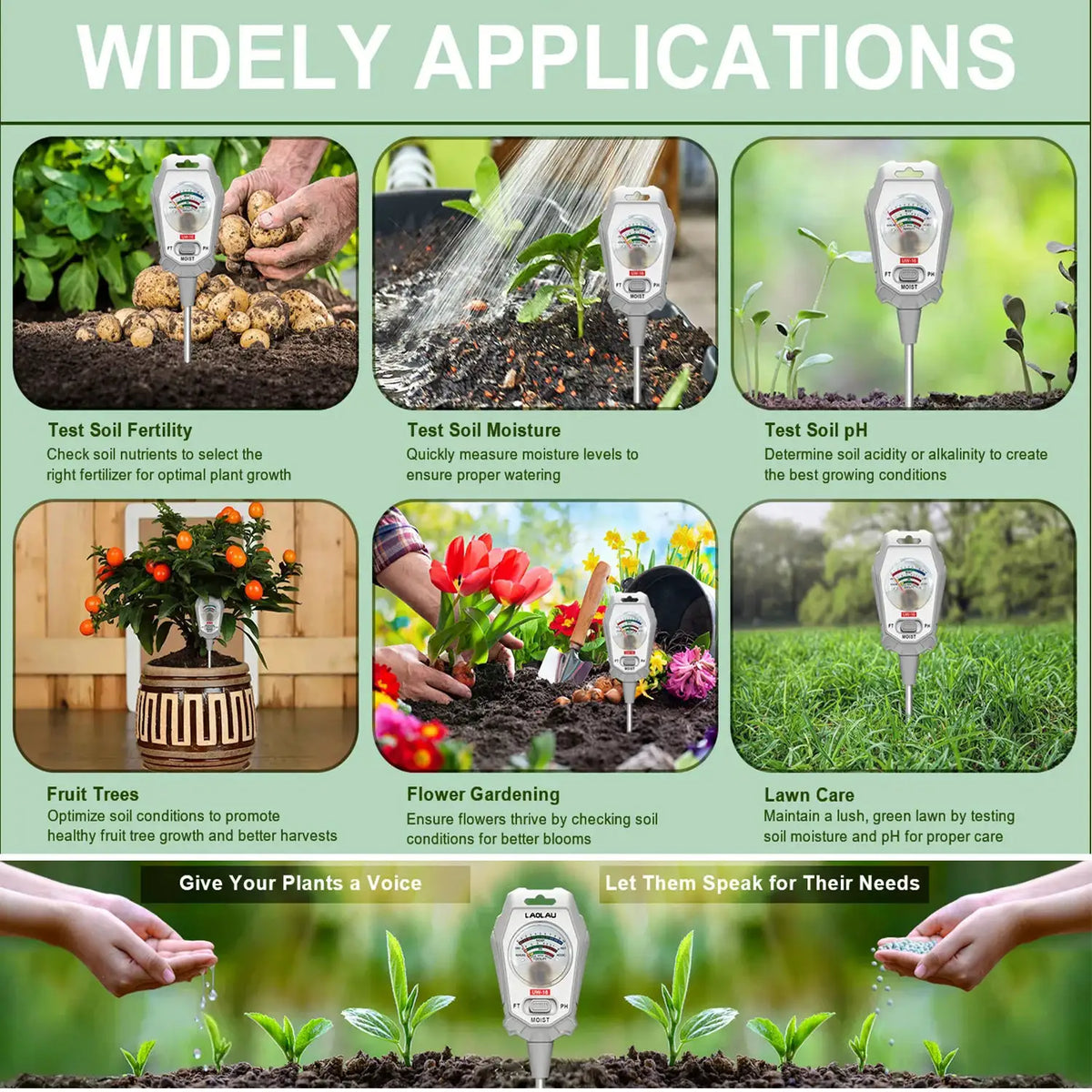 3 in 1 PH Meter Soil Moisture Meter Sensor Fertility Test Tool For Indoor/Outdoor Gardening Plant Moisture/Fertility/PH Testing