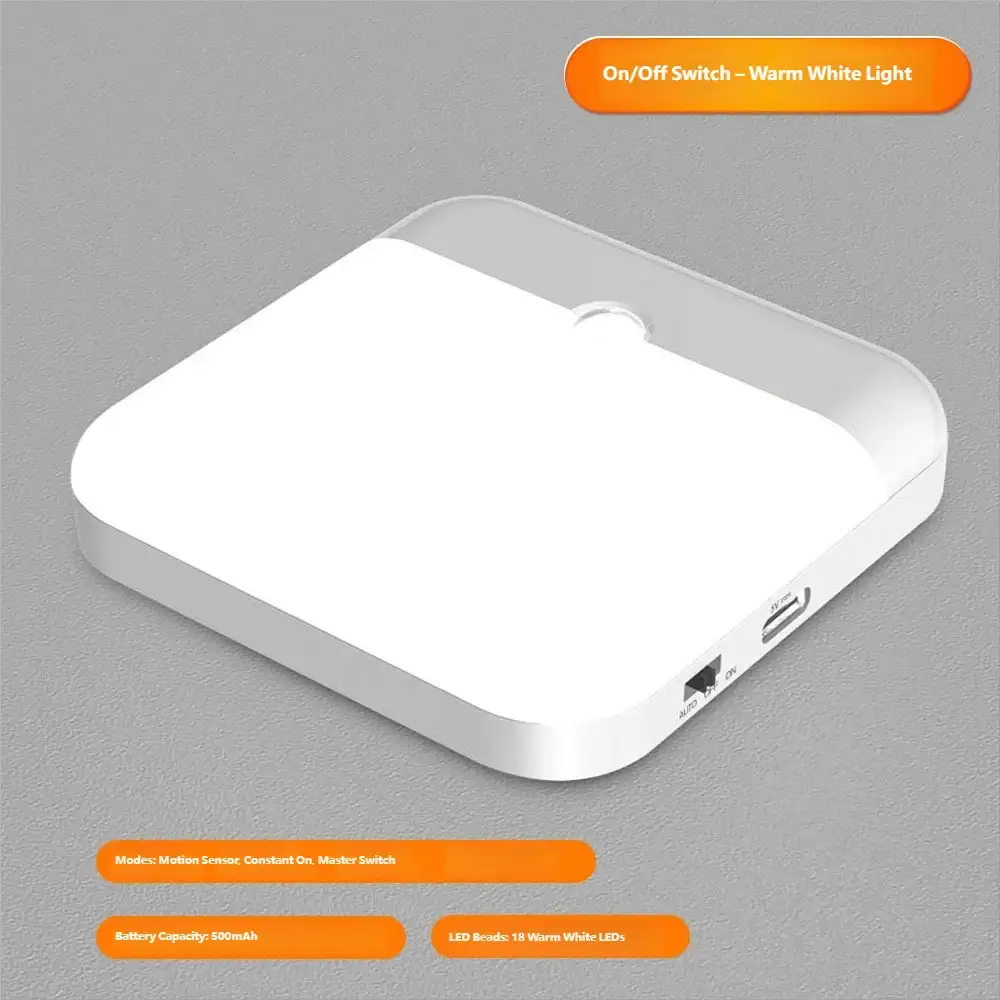 LED Motion Sensor Night Light, Square USB Rechargeable Cabinet Lamp, for Bedroom Kitchen Staircase Hallway Wardrobe