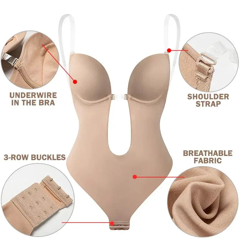 Backless Deep V Neck Thong Bodysuit Shapewear Invisible Bra