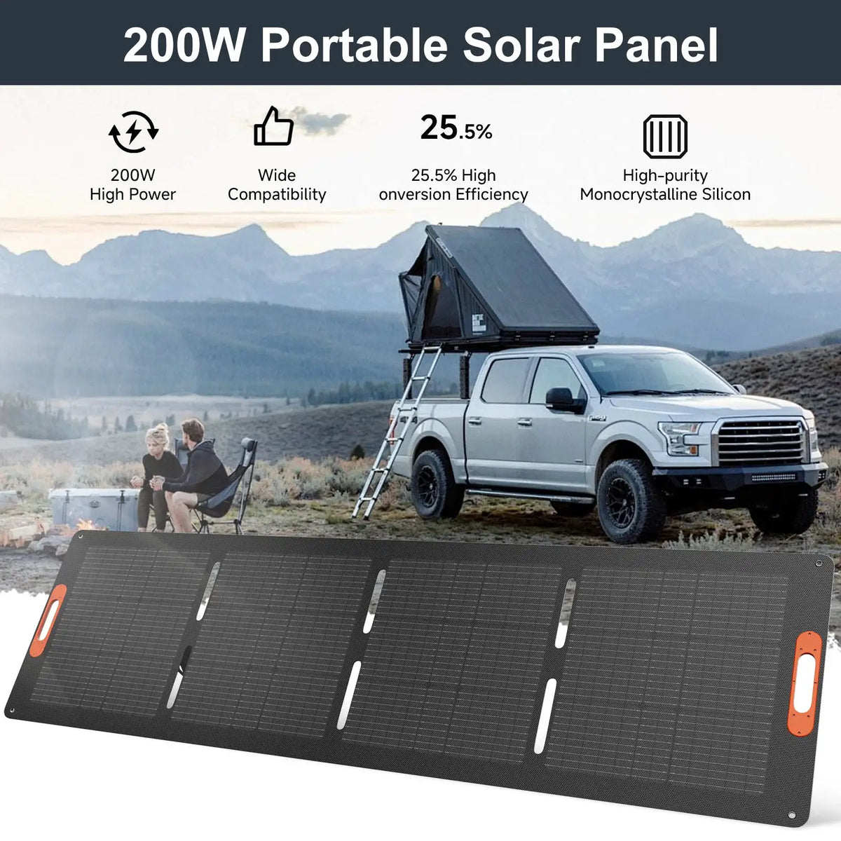 RVPOZWER 100W 200W Rigid Monocrystalline Solar Panel Integrated Design IP68 Waterproof 25.5% High Efficiency Portable Solar Charging Panel for Power Station RV Outdoor Camping Home Off Grid Power