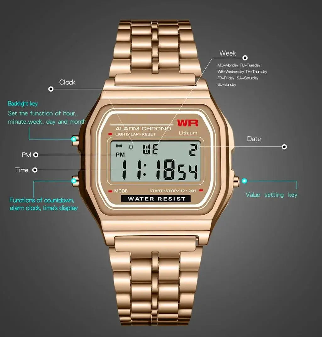 Retro Digital Stainless Steel Sports Watch Vintage Style
