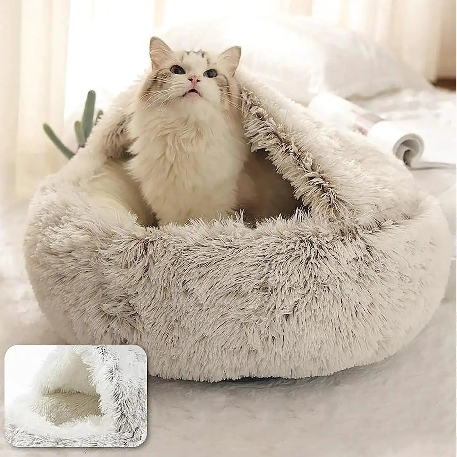 Round Plush Pet Bed With Cover 2-In-1 Nest For Small Dogs