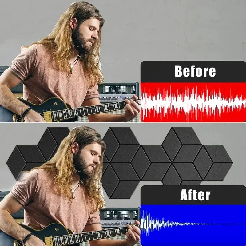 12 Pack HexagonalSelf-adhesive Acoustic Panels Sound Proof Foam Panels Y-Lined Design to Absorb Noise Eliminate Echoes Black