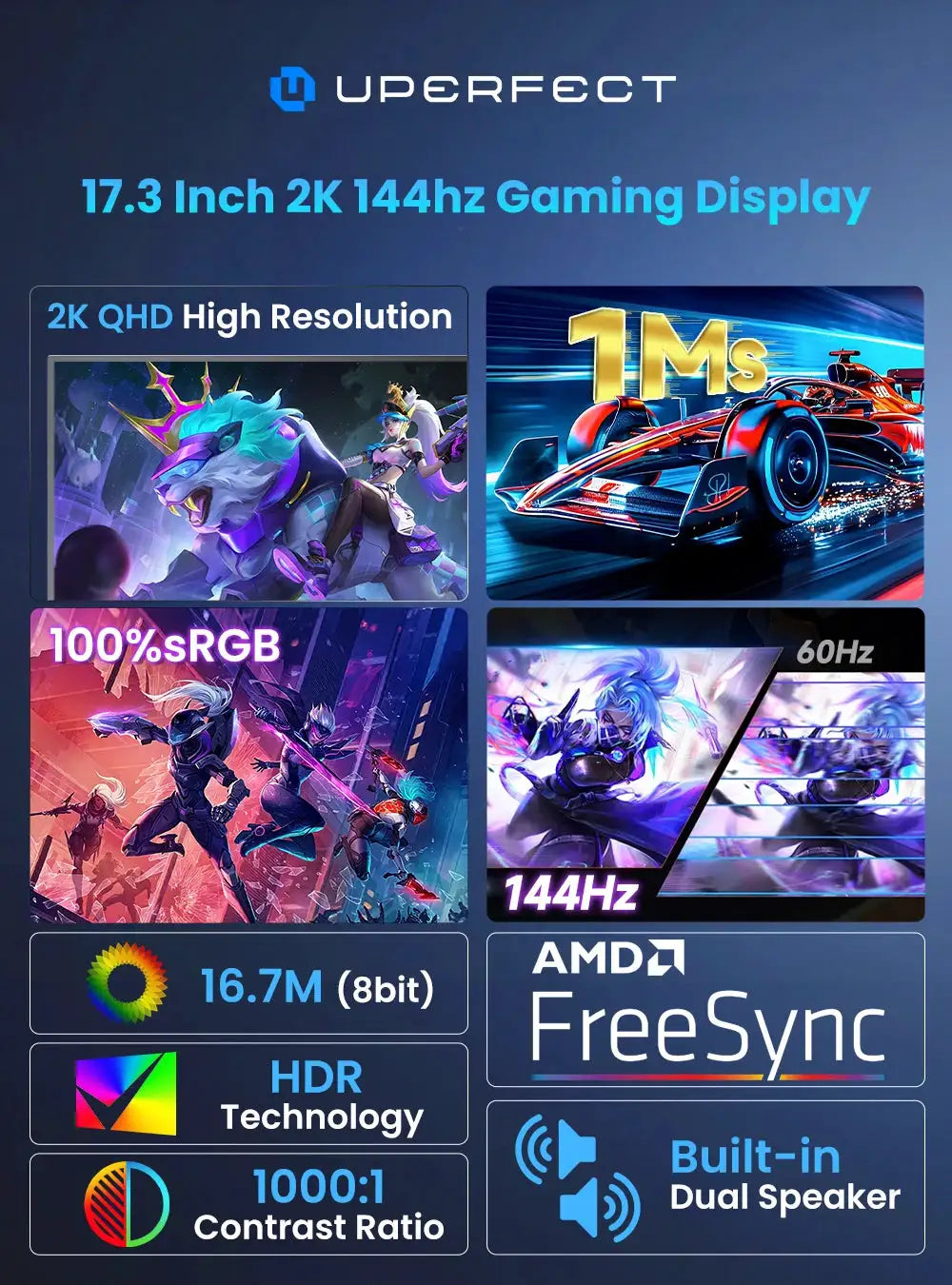 UPERFECT 17.3' 144Hz Portable Gaming Monitor 2560*1440 2K 16:9 HDMI USB C 100% SRGB Freesync Screen For Computer Game Laptop Mac