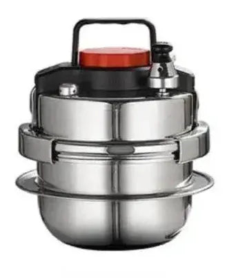 Stainless steel pressure cooker with black handle and red knob, featured on OurLum.com